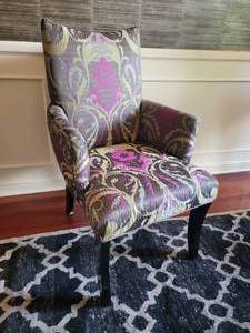 lot 5 image: Extravagant Paisley Upholstered Dining Chairs (Eight Count Two Captains Chairs)