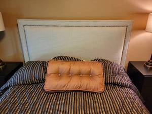 lot 48 image: Camel Canvas Studded Boarder Headboard (Double Frame)