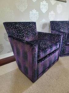 lot 1B image: Breathtaking Luxury Armchair Pair by Austin Design - Cosmic Purple Leopard - B
