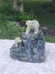 lot 2 image: Large Carved Soapstone Salmon Hunting Bear and Cub Sculpture, artist signed