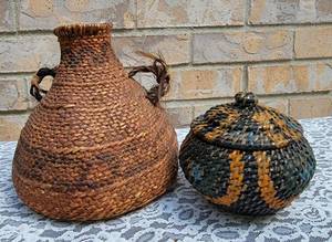 lot 14 image: Peruvian Woven Water Jug Basket and Painted Lidded Basket