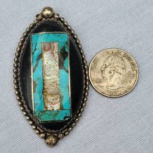 lot 82 image: Large Onyx  Turquoise  Abalone Sterling Silver Pendant