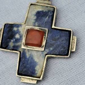 lot 81 image: Big Bold Sterling Silver Cross with Sodalite & Amber Stones