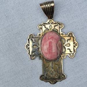 lot 78 image: Chunky Engraved Sterling Cross with Pink Quartz Cabochon