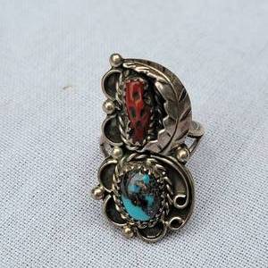 lot 74 image: Native American Indian Pawn Silver Turquoise and Coral Stone Ring