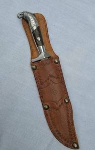 lot 57 image: Eagle Handle Dagger Knife with Tooled Leather Sheath