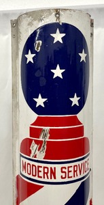 lot 5 image: Vintage Porcelain Enamel Modern Service Barber Pole Motif Metal Sign