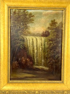 lot 17 image: Antique Framed Original Oil on Board Beautiful Waterfall Artwork