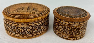 lot 68 image: Two Russian Birch Bark Jewelry  Trinket Boxes including Moscow Cathedral of St. Basil Trinket Box