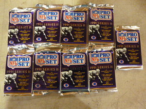lot 36 image: 9 Unopened Packs of NFL Pro Set 1991 Series II Football Cards