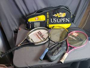 lot 85 image: Tennis Rackets and Wilson US Open Racket Bag