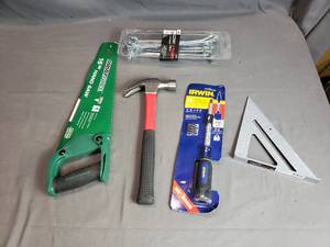 lot 87 image: Tools Hammer, Irwin Driver, Saw, Square, Peg Hooks
