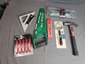 lot 88 image: Tools Hammer, Saw, Square, Small Level, Snap Off Knives, Peg Hooks