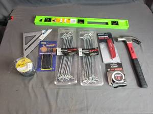 lot 90 image: Tools Peg Hooks, Hammer, Electrical Tape, Utility Knife, Tape Measure, Level