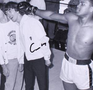 lot 63 image: Cassius Clay Muhammad Ali Signed 21.5x25.75 Photo on Canvas with The Beatles PSA LOA - Autograph Graded 10