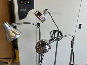 lot 30 image: Lot of 3 Retro Industrial&nbspChic Chrome Telescoping Gooseneck Exam Lights Floor Lamps - Great Working Condition