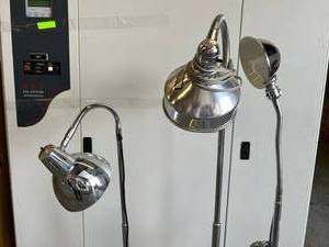 lot 32 image: Lot of 3 Retro Industrial&nbspChic Chrome Telescoping Gooseneck Exam Lights Floor Lamps - Great Working Condition