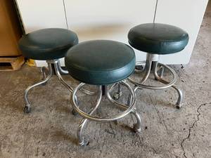 lot 41 image: Lot of 3 Matching Brewer&nbspDoctor Medical Screw Top Rolling Padded Stools Adjustable Height (2 With Foot Rings) - Great Condition One Just Sold On eBay $150Ship