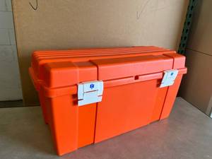 lot 10 image: MSRP $300&nbspHealth Care Logistics - Large Emergency Box Orange Tote with Removable Tray, Trunk Style 13-34 X 14 X 27-12 Inch -The box has security seal eyelets to secure contents of the box or show tampering