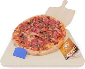 lot 20 image: Cast Elegance Durable Thermal Shock Resistant Thermarite Pizza Stone & Baking Stone for Oven & Grill, Includes Wooden Pizza Paddle, Recipe E-Book & Cleaning Scraper, Large,14x16 inch, 58th inch Thick NEW