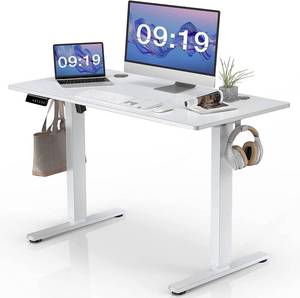 lot 37 image: Standing Desk, 48 x 24 in Electric Height Adjustable Computer Desk Home Office Desks Sit Stand up Desk Computer Table with Memory ControllerHeadphone Hook, White NEW
