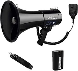 lot 45 image: MyMealivos Megaphone with Siren Bullhorn 50 Watt Bullhorn Speaker with Detachable Microphone, Portable Lightweight Strap & 3.5mm Aux Input