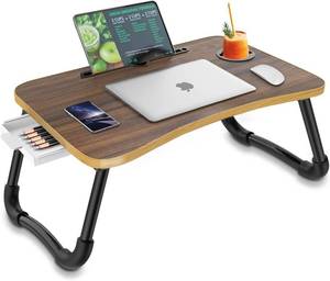 lot 48 image: Zapuno Foldable Laptop Bed Table Multi-Function Lap Bed Tray Table with Storage Drawer and Water Bottle Holder, Serving Tray NEW