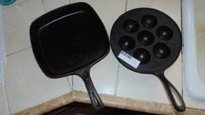 Cast Iron 9.5in Square Wagner Skillet and 9in Unmarked Pocher