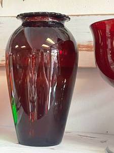 Cranberry glass bowl and vase.