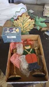 Antique candle sticks with autumn themed napkin holder