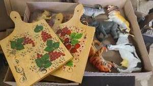 Collection of Zoo animal toys and vintage wall decor