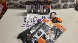 Hocus Pocus themed cups and gear with cute doll