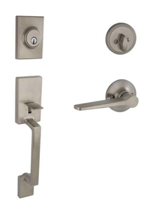 lot 51 image: ESSENTIALS by SCHLAGE Branwell Satin Nickel Door Handleset with Vining Door Handle