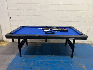 lot 77 image: GoSports 7 ft Billiards Table - Portable Pool Table - Includes Full Set of Balls, Rack, 2 Cue Sticks, Chalk, and Felt Brush