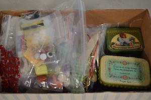 lot 59 image: Box of Assorted Craft Supplies and Knick-Knacks