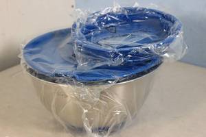 lot 110 image: NEW - Kitchen Metal Bowl Set with Lids, Colander, Grater Attachments