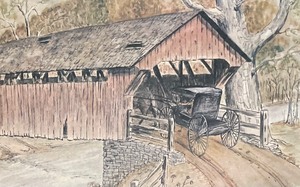 lot 226 image: Pioneer Wheels of Progress The Covered Bridge Limited Edition Framed Print by Howard Fain