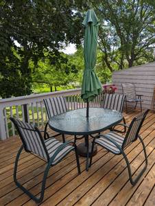 lot 198 image: Glass Topped Patio Set and Umbrella