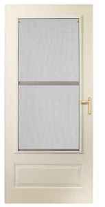 lot 60 image: EMCO 300 Series 32 in. x 80 in. Almond Universal Triple-Track Storm Door with Brass Hardware