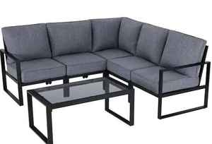 lot 69 image: Hampton Bay Barclay 6-Piece Black Steel Outdoor Patio Sectional Sofa Set with Gray Cushions and Coffee Table
