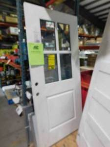 lot 64 image: Steves & Sons 36 in. x 80 in. Legacy 4 Lite Half Lite Clear Glass White Primed Fiberglass  Front Door Slab