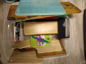 lot 254 image: Cutting Board Lot w Knives & Sharpeners