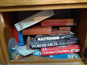 lot 299 image: Game Cabinet, Right Side Vntg Battleship, Trix, Mastermind, Etc