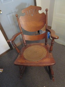 lot 53 image: Antique rocker, rabbit eared, leath...