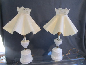 lot 68 image: Milk glass hobnail dresser lamps, 1...