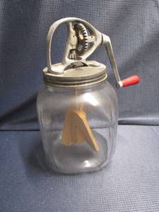 lot 114 image: Glass jar paddle butter churn, wood...