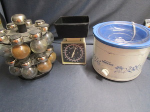 lot 240 image: Spice rack, food scale, Rival Crock...