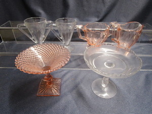 lot 308 image: Pink Depression glass footed cream ...