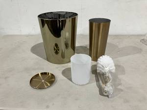 lot 219 image: mDesign SteelPlastic Toilet Bowl Brush and 1.7 Gal Trash Can Combo in Soft Brass Finish