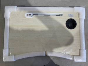 lot 295 image: Portable Laptop Bed Desk with USB Ports, Side Drawer, Cup Holder, Tablet Stand - Light Wood